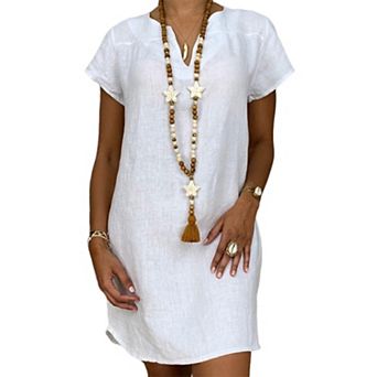 Women's Casual Solid V-Neck Short Sleeve Boho Beach Tunic Dress