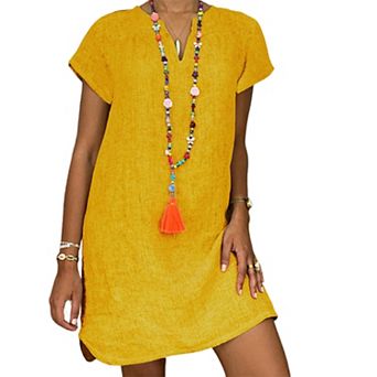 Women's Casual Solid V-Neck Short Sleeve Boho Beach Tunic Dress