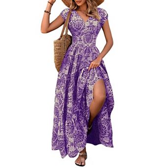 Women's V-Neck Short Sleeve Maxi Dress - Floral Print Flowy Split Beach Dress for Summer