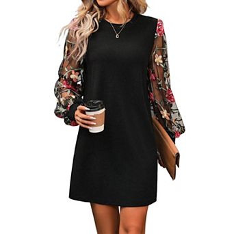 Women's Round Neck Mesh Long Sleeve Mini Dress - Floral Embroidered Sheer Sleeve Casual Tunic
