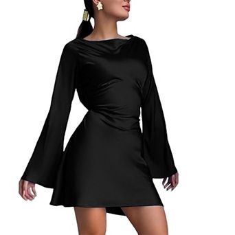 Women's Satin Bell Sleeve Bodycon Mini Dress with Waist Ruched Detail for Party