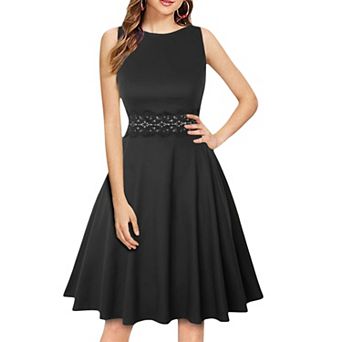 Women's Vintage Sleeveless A-Line Dress Lace Waist Flared Hem Pockets for Casual Party & Cocktail