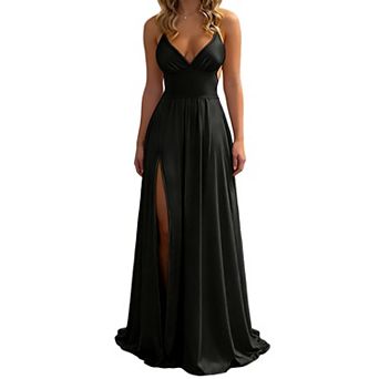 Women's Deep V Neck Spaghetti Strap Split Maxi Dress - Backless Party Gown