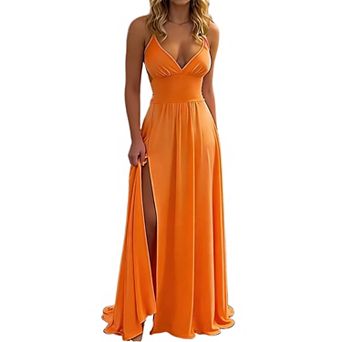 Women's Deep V Neck Spaghetti Strap Split Maxi Dress - Backless Party Gown
