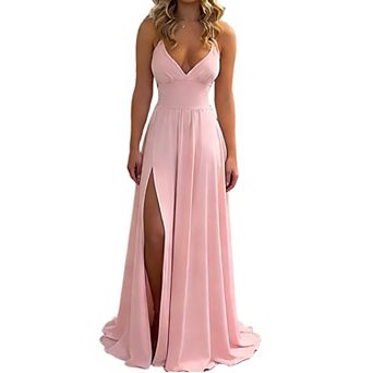 Women's Deep V Neck Spaghetti Strap Split Maxi Dress - Backless Party Gown