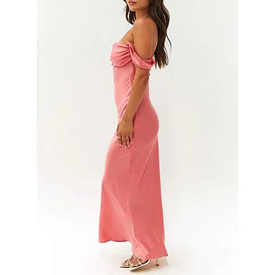 Women's Off Shoulder Satin Maxi Dress - Bodycon Backless Formal Gown for Evening Party