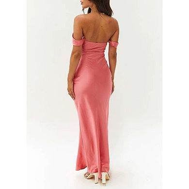Women's Off Shoulder Satin Maxi Dress - Bodycon Backless Formal Gown for Evening Party