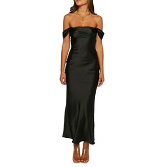 Women's Off Shoulder Satin Maxi Dress - Bodycon Backless Formal Gown for Evening Party