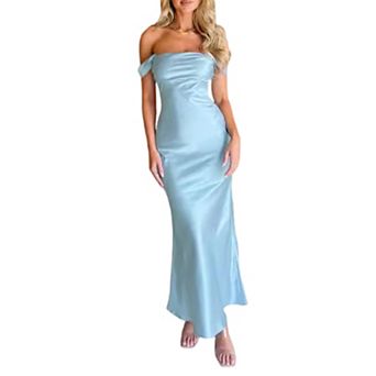Women's Off Shoulder Satin Maxi Dress - Bodycon Backless Formal Gown for Evening Party