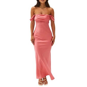 Women's Off Shoulder Satin Maxi Dress - Bodycon Backless Formal Gown for Evening Party
