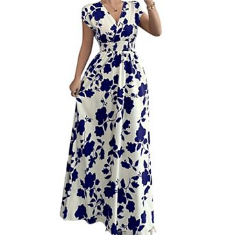 Women's Wrap V-Neck Cap Sleeve Empire Waist Maxi Dress - Summer Casual Elegant Floral Gown