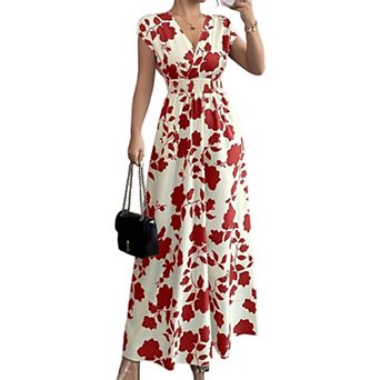 Women's Wrap V-Neck Cap Sleeve Empire Waist Maxi Dress - Summer Casual Elegant Floral Gown