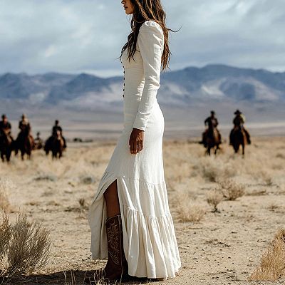 western dress for women long Women's Vintage Western Buttoned Ruffle Long Sleeve Maxi Dress