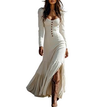 Women's Vintage Western Buttoned Ruffle Long Sleeve Maxi Dress - Sweetheart Neck Bodycon Gown