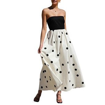 Women's Strapless Polka Dot Maxi Dress - Color Block Bustier A-Line Summer Dress