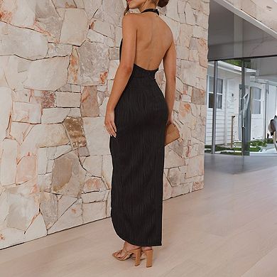 Women's Luxury Halter Ruched Bodycon Maxi Dress - Elegant High Slit Evening Gown