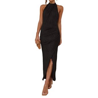 Women's Luxury Halter Ruched Bodycon Maxi Dress - Elegant High Slit Evening Gown