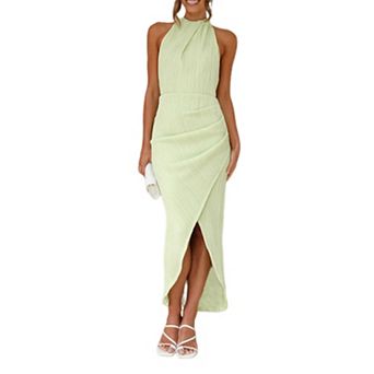 Women's Luxury Halter Ruched Bodycon Maxi Dress - Elegant High Slit Evening Gown