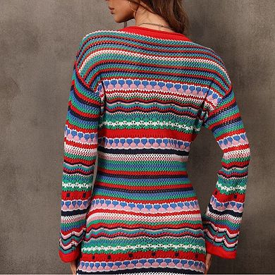 Women's Boho Striped Openwork Knit Dress - Flare Sleeve Rounded Neck Midi Sweater Dress