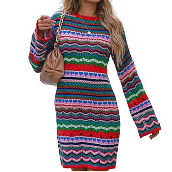 Women's Boho Striped Openwork Knit Dress - Flare Sleeve Rounded Neck Midi Sweater Dress
