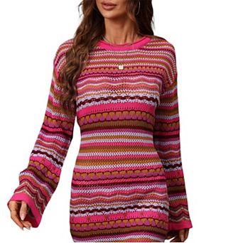 Women's Boho Striped Openwork Knit Dress - Flare Sleeve Rounded Neck Midi Sweater Dress