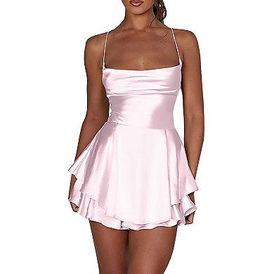 Women's Satin Spaghetti Strap Backless A-Line Mini Dress - Elegant Cocktail Party Dress