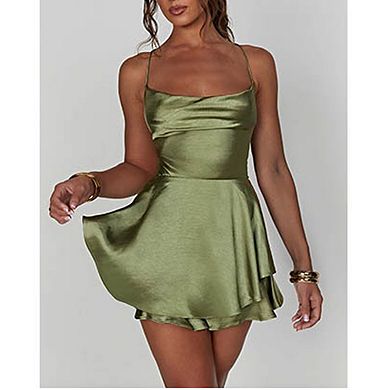 Women's Satin Spaghetti Strap Backless A-Line Mini Dress - Elegant Cocktail Party Dress
