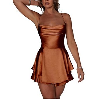 Women's Satin Spaghetti Strap Backless A-Line Mini Dress - Elegant Cocktail Party Dress