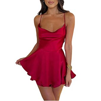 Women's Satin Spaghetti Strap Backless A-Line Mini Dress - Elegant Cocktail Party Dress
