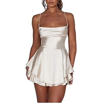 Women's Satin Spaghetti Strap Backless A-Line Mini Dress - Elegant Cocktail Party Dress