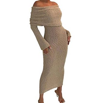 Women's Off Shoulder Knit Maxi Dress - Long Sleeve Cutout Beach Vacation Dress