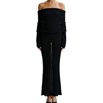 Women's Off Shoulder Knit Maxi Dress - Long Sleeve Cutout Beach Vacation Dress
