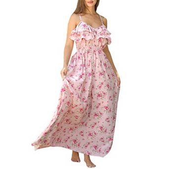 Women's Spaghetti Strap Floral Maxi Dress - Ruffle V-Neck & Elastic Waist Casual Summer Dress