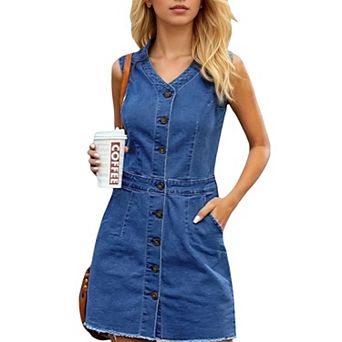 Women's Sleeveless V-Neck Denim Dress - Button Front Frayed Hem Casual Mini Dress with Pockets