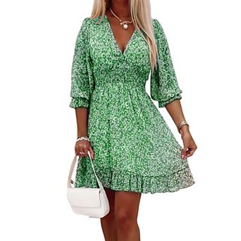 Women's V-Neck Floral Print Dress - Ruffle Sleeve & Smocked Waist A-Line Mini for Casual Summer