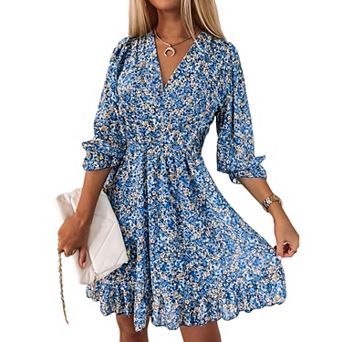 Women's V-Neck Floral Print Dress - Ruffle Sleeve & Smocked Waist A-Line Mini for Casual Summer