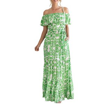 Women's Off Shoulder Ruffle Maxi Dress - Printed Short Sleeve Tiered Dress with Belt & Pockets