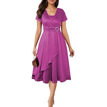Women's V-Neck Short Sleeve Asymmetric Hem Solid Rhinestone Cross Buckle Elegant Midi Party Dress