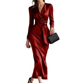 Women's Satin Wrap Midi Dress - V-Neck Long Sleeve Tie Waist Bodycon Evening Dress