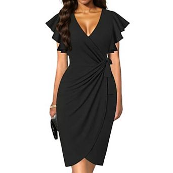 Women's V-Neck Ruffle Sleeve Bodycon Midi Dress - Wrap Tie Waist Casual Party Dress