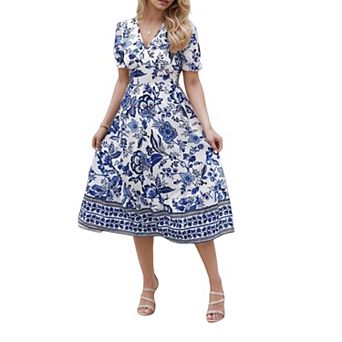 Women's Floral Print V-Neck Midi Dress - Short Ruffled Sleeve A-Line Casual Party Dress