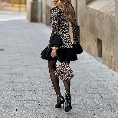 Women's Leopard Print Patchwork Bell Sleeve Ruffle Hem Mini Dress - Elegant Bodycon Party Dress