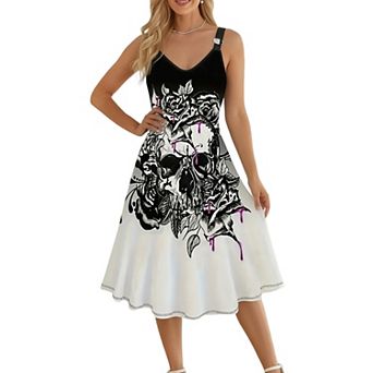 Women's Skull Rose Spaghetti Strap Midi Dress - V-Neck Asymmetric Hem Dress with Purple Accent