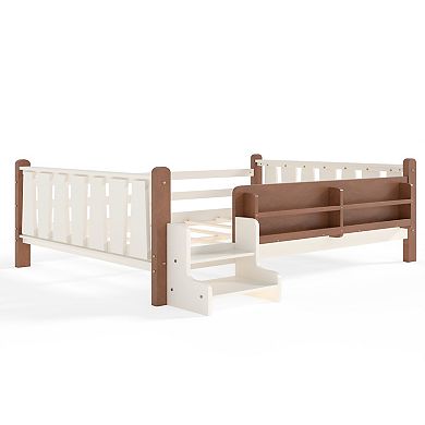 Lufeiya Full Size Floor Bed with Storage Bookcases and Guardrails, Stairs, No Box Spring Needed