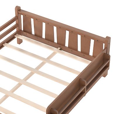 Lufeiya Full Size Floor Bed with Storage Bookcases and Guardrails, Stairs, No Box Spring Needed