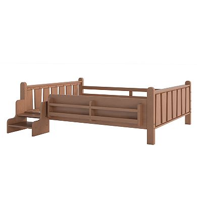 Lufeiya Full Size Floor Bed with Storage Bookcases and Guardrails, Stairs, No Box Spring Needed