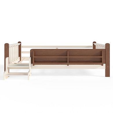 Lufeiya Full Size Floor Bed with Storage Bookcases and Guardrails, Stairs, No Box Spring Needed