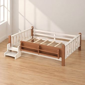 Lufeiya Full Size Floor Bed with Storage Bookcases and Guardrails, Stairs, No Box Spring Needed