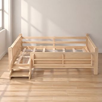 Lufeiya Full Size Floor Bed with Storage Bookcases and Guardrails, Stairs, No Box Spring Needed
