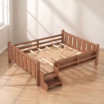 Lufeiya Full Size Floor Bed with Storage Bookcases and Guardrails, Stairs, No Box Spring Needed